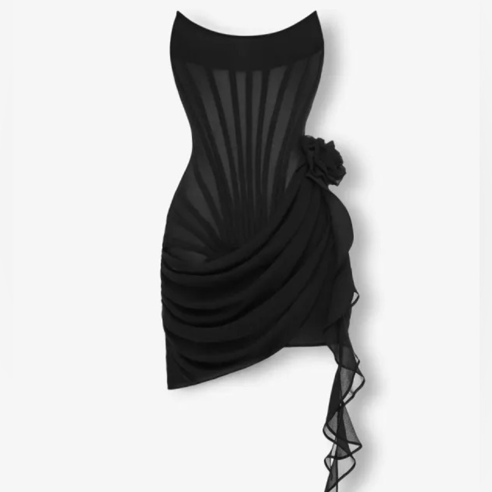 Chic Black Asymmetrical Dress with Floral Detail